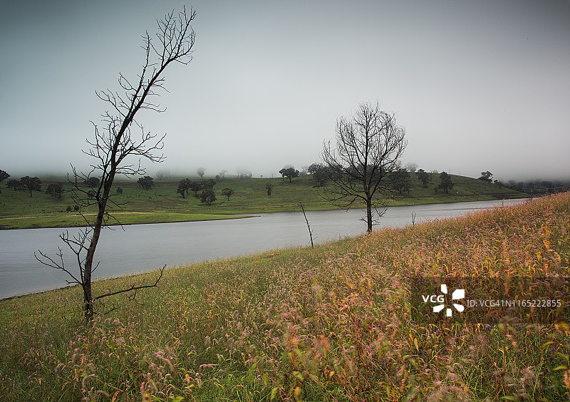 澳大利亚新南威尔士州卡科阿，卡科阿水坝的雾天清晨图片素材