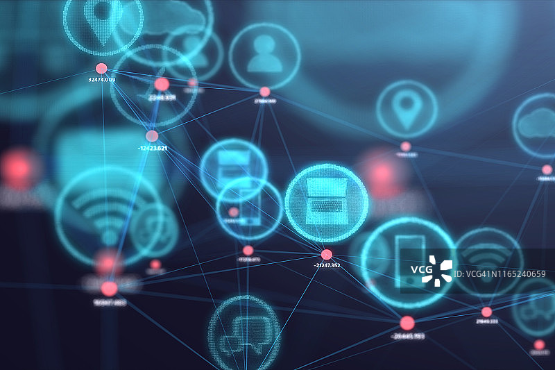 物联网概念：3D空间中的社交图标，商业与科技概念图片素材