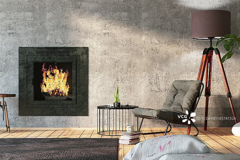 带有家具和壁炉的木制内饰图片素材