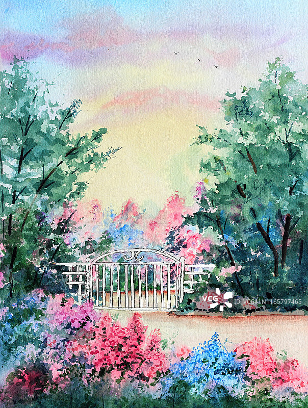 花园和白色大门的水彩画艺术作品图片素材