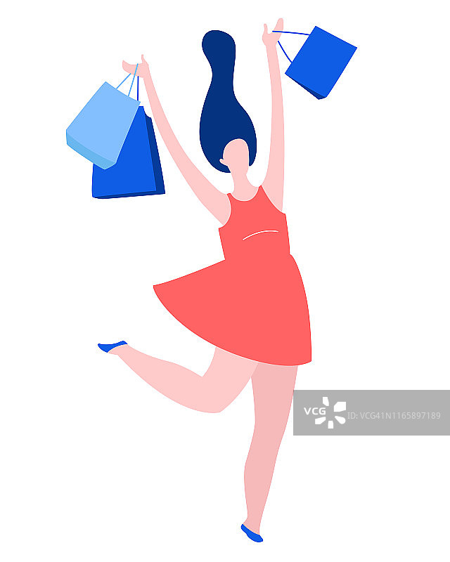 跳舞的女人，拿着购买的纸袋跳跃。夏季促销黑色星期五开始。图片素材