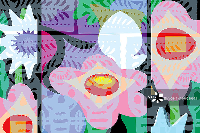 盛开的鲜花，鲜艳色彩的几何拼贴图片素材