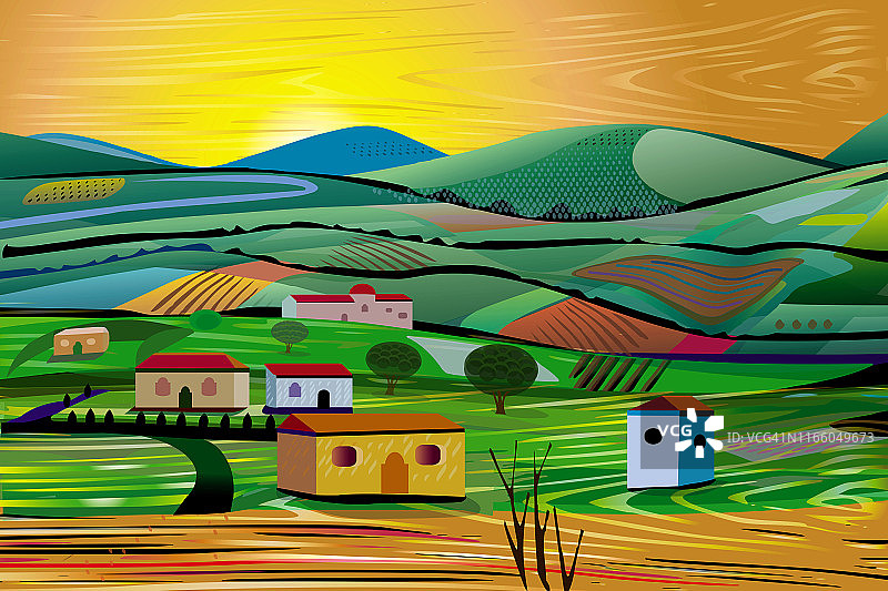 日落时分的托斯卡纳乡村景观，农舍、谷仓和农田图片素材