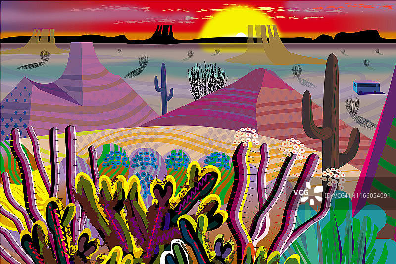 沙漠、巨人柱和其他仙人掌植物，以鲜红色日出为背景的山脉景观插图图片素材