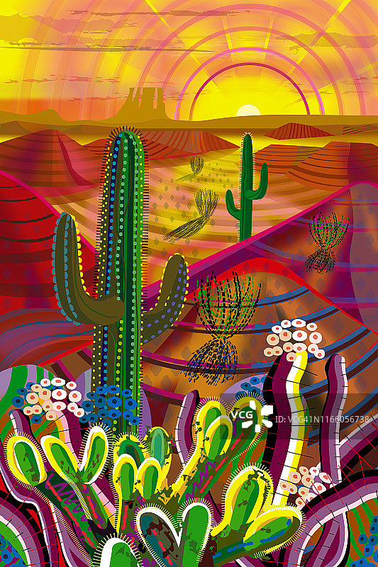 沙漠、巨人柱仙人掌、暖色日落山脉景观插画图片素材