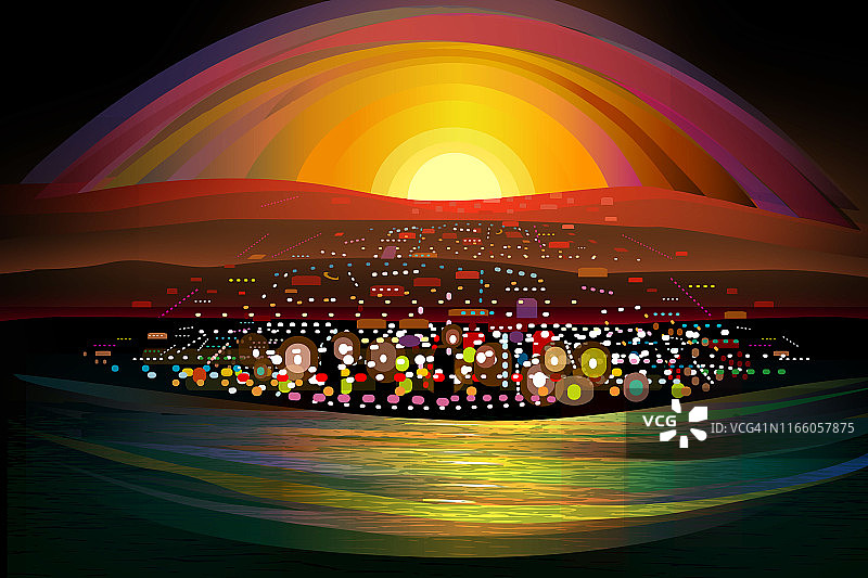 日落时分从远处眺望的海滨城市夜景图片素材