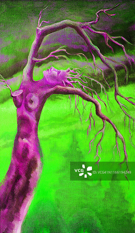 时尚超现实主义插画：树形年轻女子人像图片素材