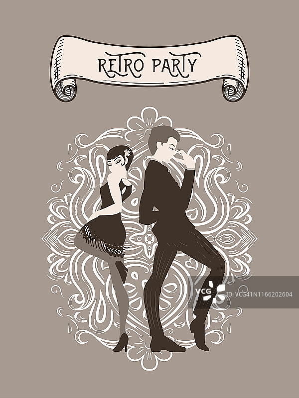 复古派对卡片：1920年代风格的男女舞者图片素材