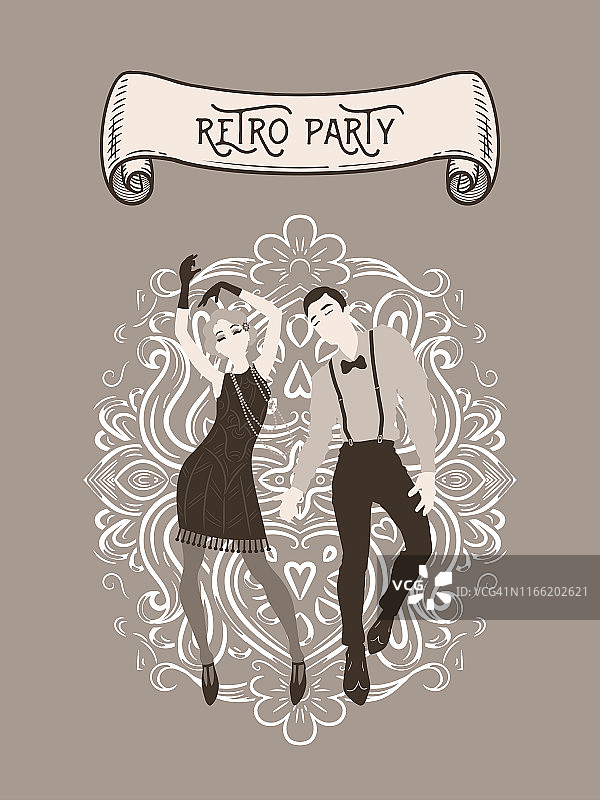 复古派对卡片：1920年代风格的男女舞者图片素材