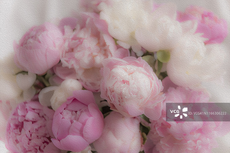 浪漫粉色牡丹玫瑰花束的艺术油画图片素材