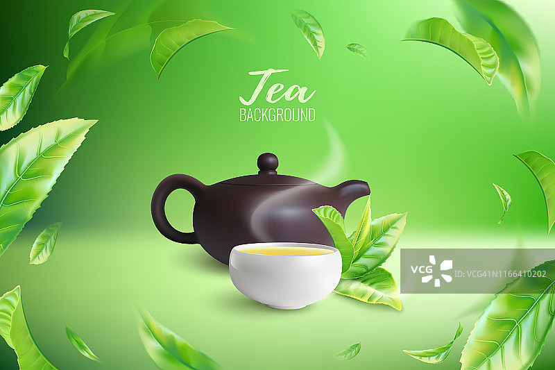 绿茶或红茶广告海报：陶土茶壶和茶杯与绿茶叶图片素材