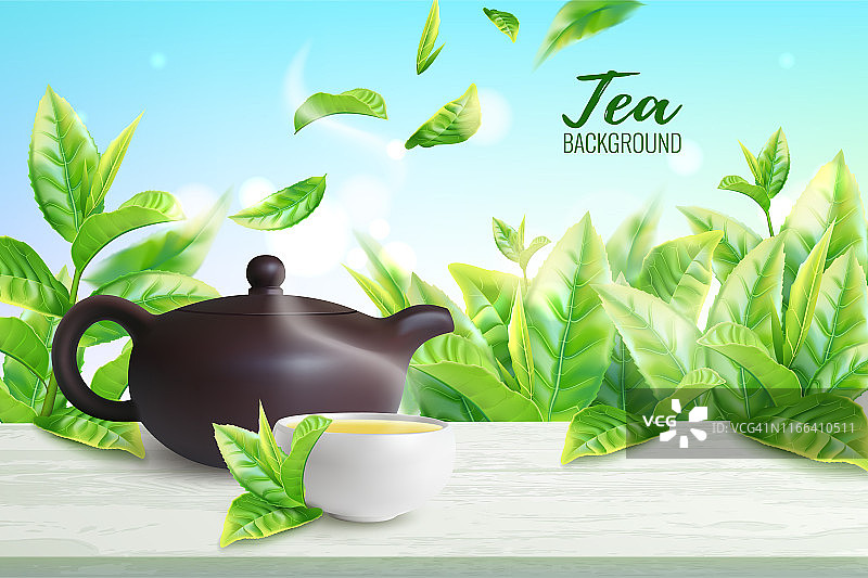 绿茶或红茶广告海报：陶土茶壶和茶杯与绿茶叶图片素材