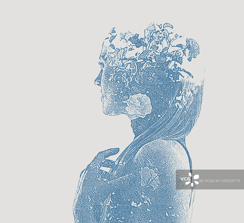 年轻女子与鲜花的多次曝光图片素材