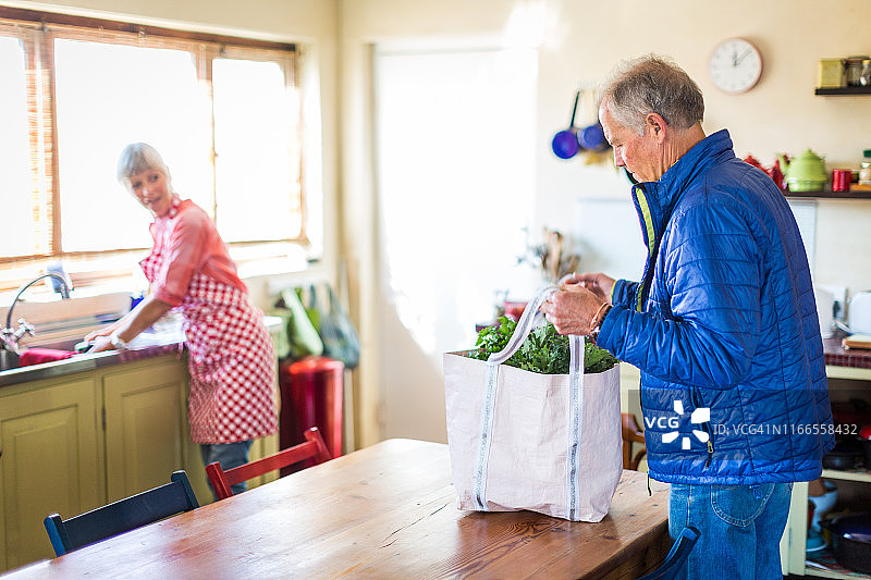 年长的男人带着新鲜的杂货回家图片素材