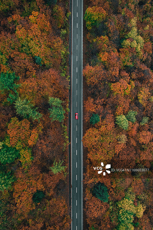 意大利多洛米蒂秋季的汽车、道路和树冠航拍图片素材