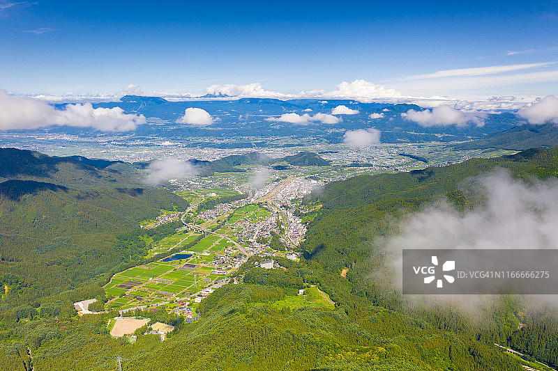 无人机拍摄的山之内町和志贺高原，背景是日本北阿尔卑斯山图片素材