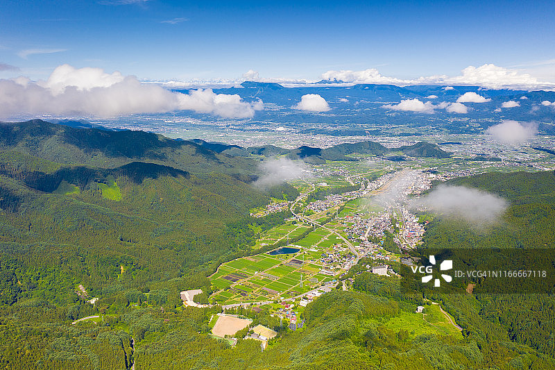 无人机拍摄的山之内町和志贺高原，背景是日本北阿尔卑斯山图片素材
