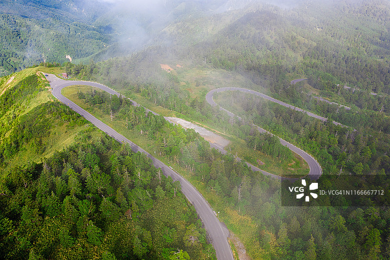 夏季山间绿林弯曲道路航拍视角图片素材