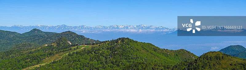 日本长野县志贺高原夏季的北阿尔卑斯山全景图片素材