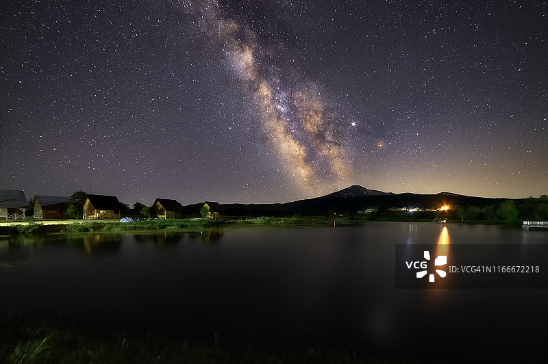 日本秋田县百合本庄市花馆农场公园湖面上的银河图片素材