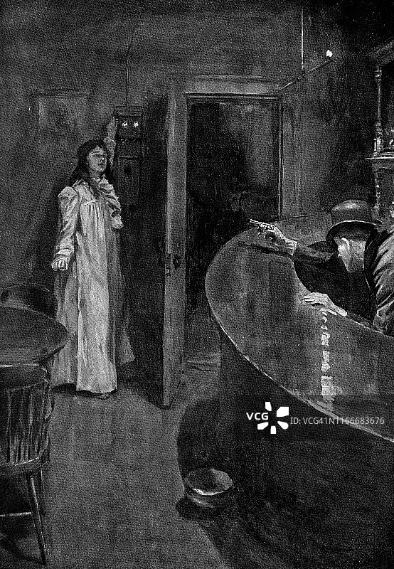 19世纪美国纽约市持枪挟持女人图片素材