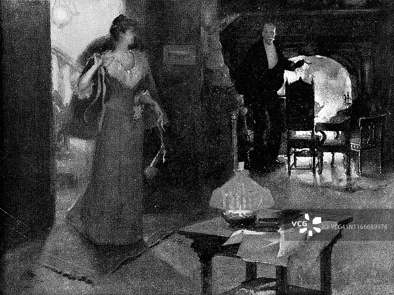 19世纪，女人在纽约市夜游后回家图片素材