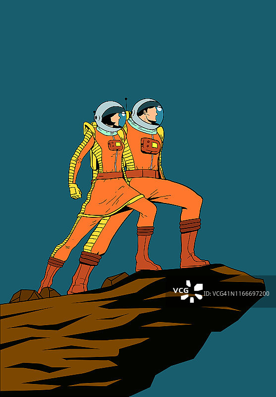 宇航员情侣复古波普艺术海报插画图片素材