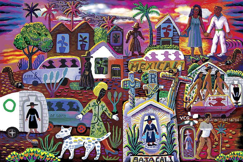 数字民俗画风的梦幻超现实景观，包含想象中的汽车、人物、狗和祭坛图片素材