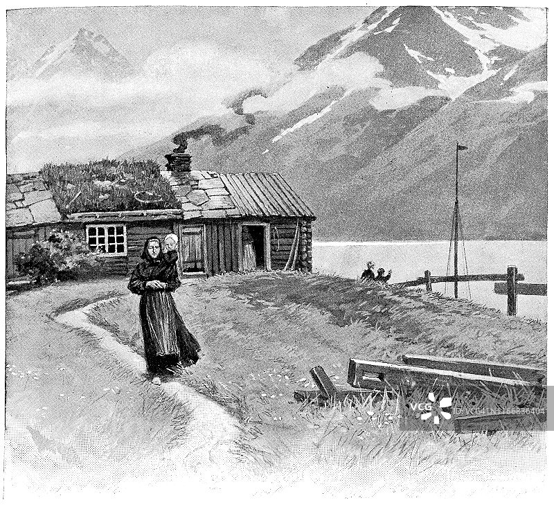 19世纪挪威海岸边的母子图片素材