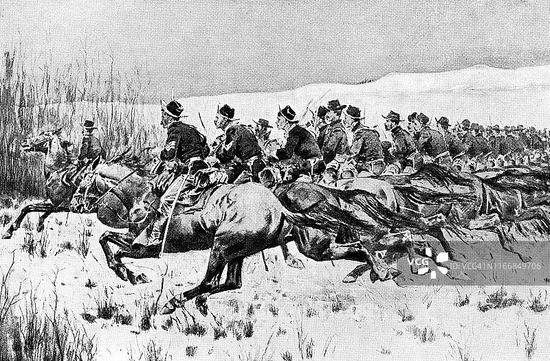 美国内战期间冲锋的联邦军队骑兵 - 19世纪图片素材