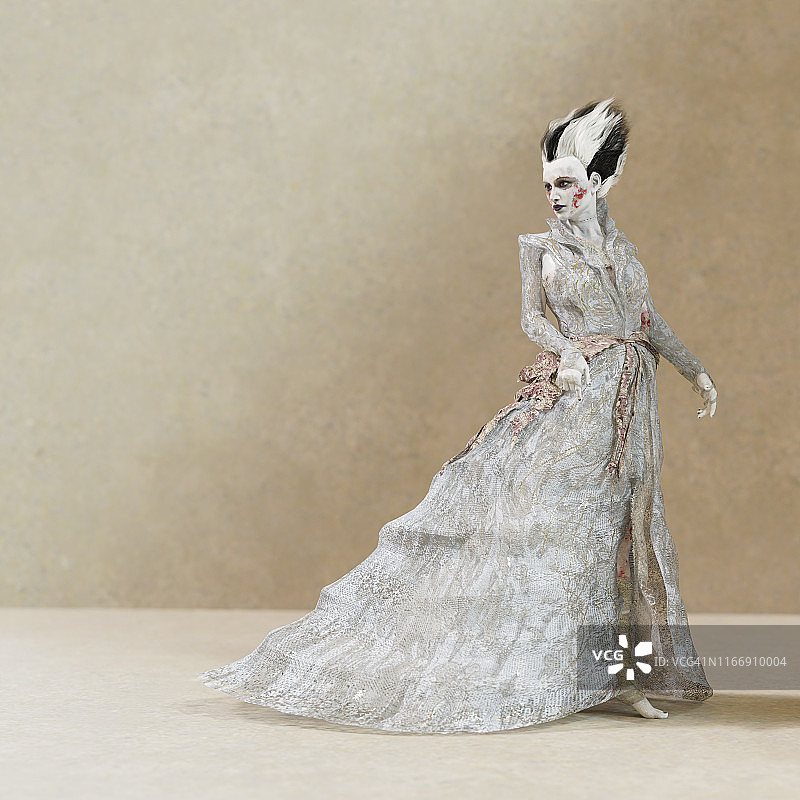 穿着长裙的哥特风女人，黑白发色图片素材