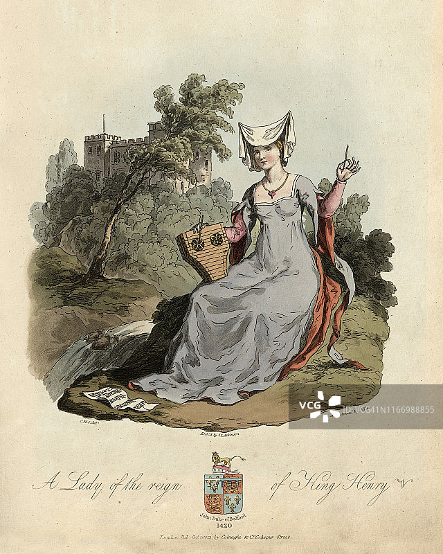 中世纪时尚：贵族女子弹奏古筝，15世纪图片素材