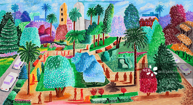 阳光明媚的中央城市公园广场油画粉彩插图图片素材