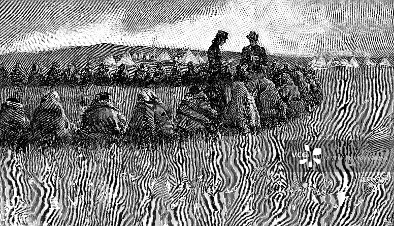 19世纪美国南达科他州传教士与苏族原住民交谈图片素材