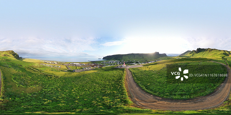 冰岛南部维克镇360度全景航拍：盛开的羽扇豆田和教堂图片素材