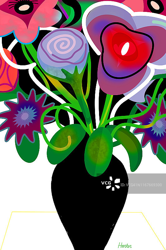 黑色花瓶中盛开的抽象花卉鲜艳色彩插图图片素材