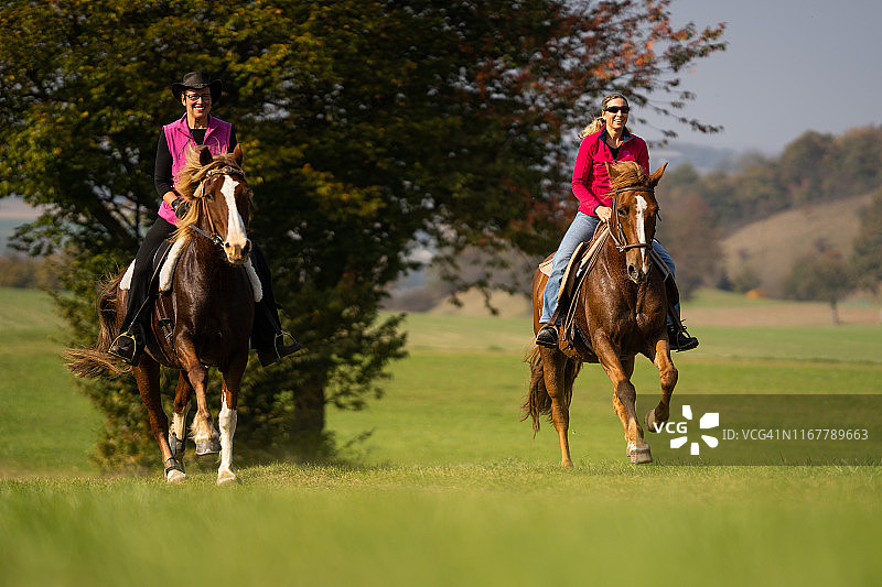 快乐的女人在美好的秋日假期骑马图片素材