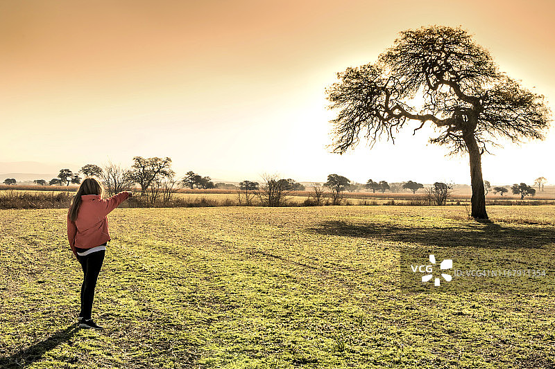 在户外指向远方的女人图片素材