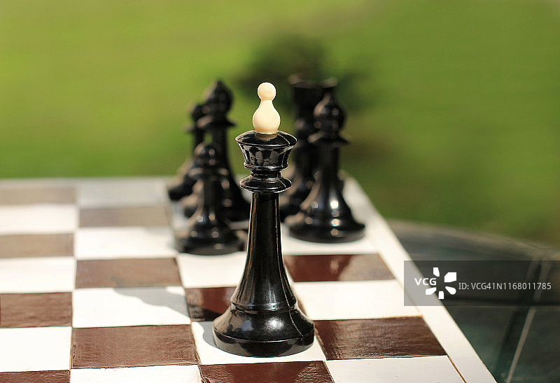 棋盘上的旧木制国际象棋棋子，绿色背景上的复古领导概念图片素材