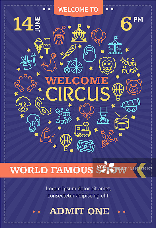 马戏团banner海报宣传牌彩色细线图标矢量素材图片素材