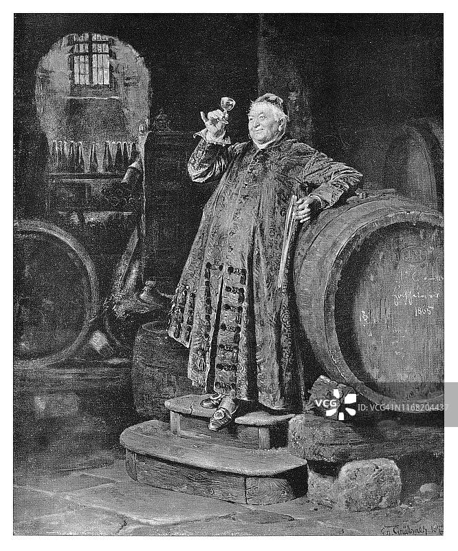 牧师在地窖里喝葡萄酒图片素材