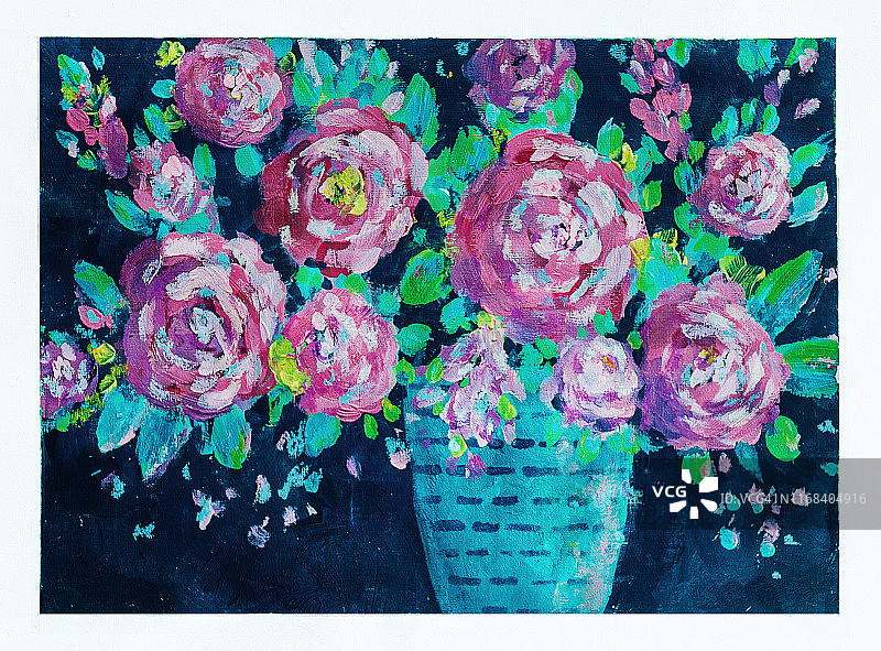黑色纹理背景上花瓶中的抽象亚克力玫瑰花束美术亚克力纸上绘画图片素材