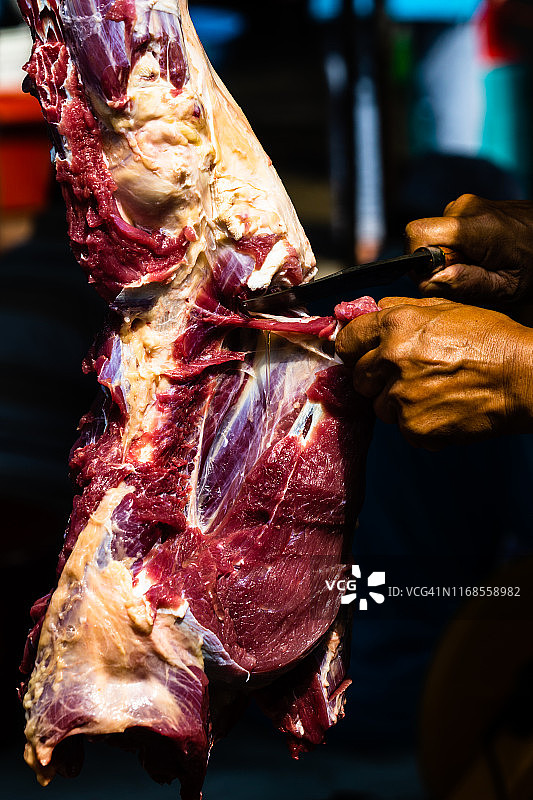 特写：屠夫切割大块生肉图片素材