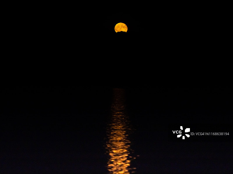 满月及其在黑夜水中的倒影图片素材