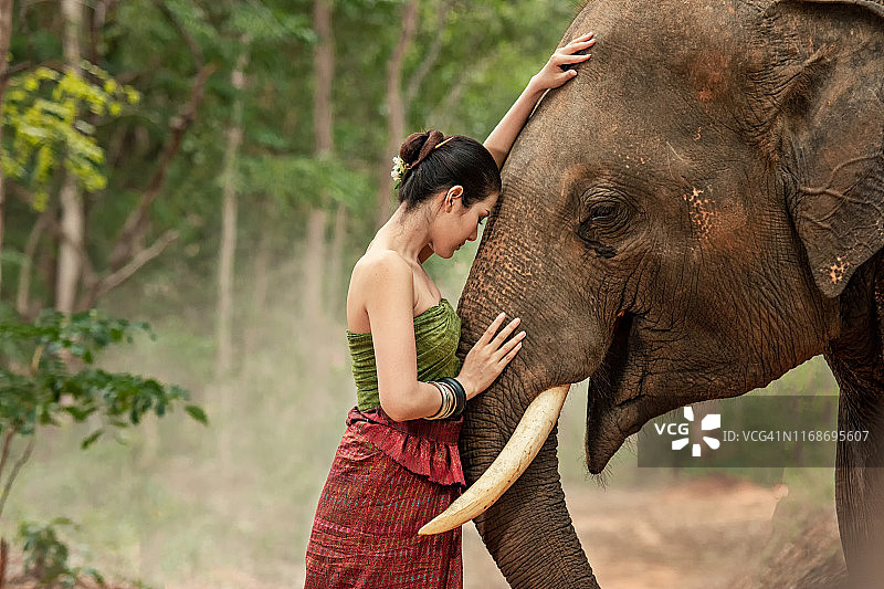 美丽的年轻女子与大象的特写图片素材