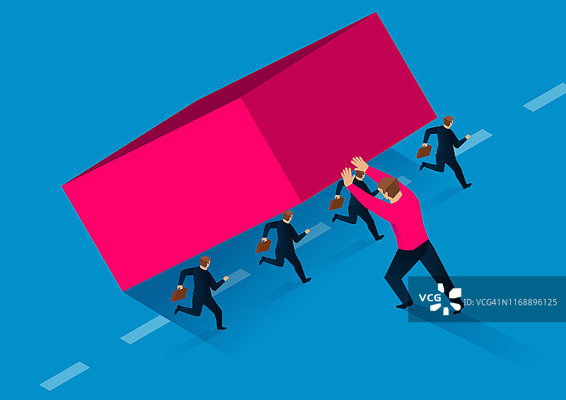 巨人帮助一群商人推开道路上的巨大障碍图片素材