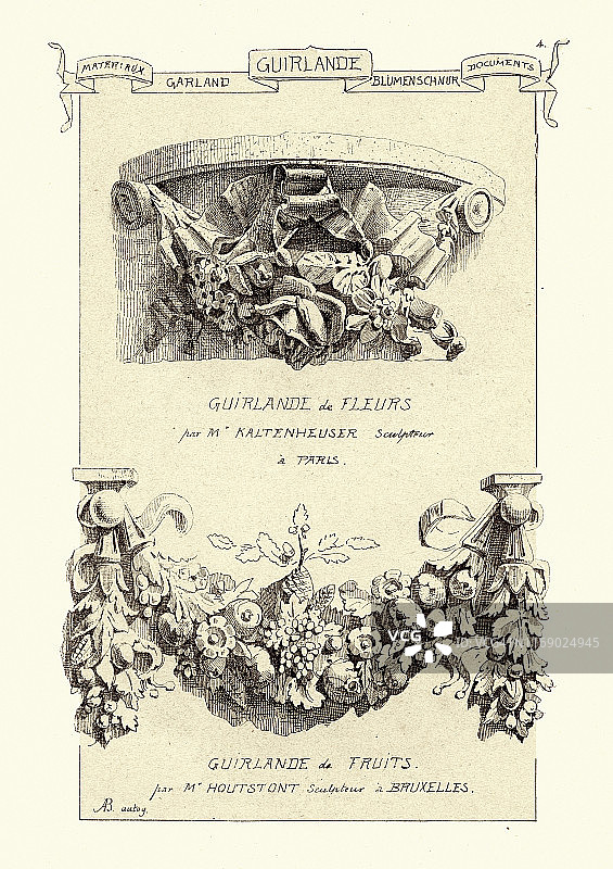 19世纪花彩、鲜花和水果花环建筑细节图片素材