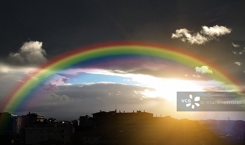 城市屋顶夏季风暴期间的彩虹图片素材