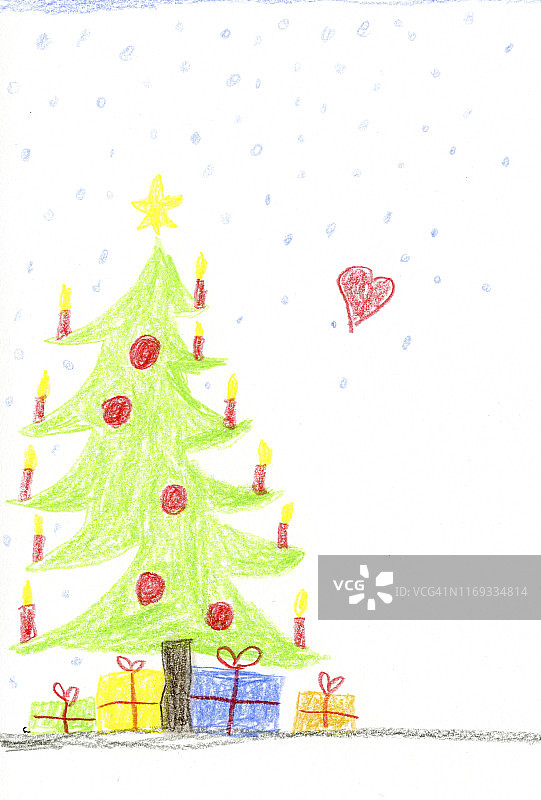 儿童画：装饰过的圣诞树和礼物图片素材