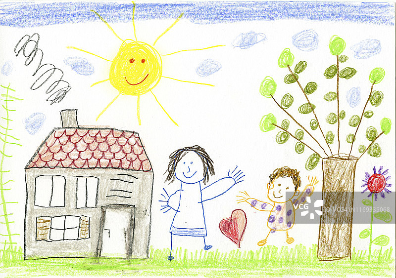 儿童画，快乐的母亲和孩子在花园里图片素材